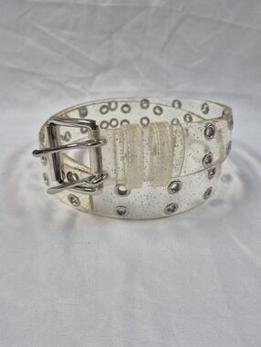 Vintage 90s Y2K Clear Glitter Jelly 2 Row Grommet Belt XL Up to 40"